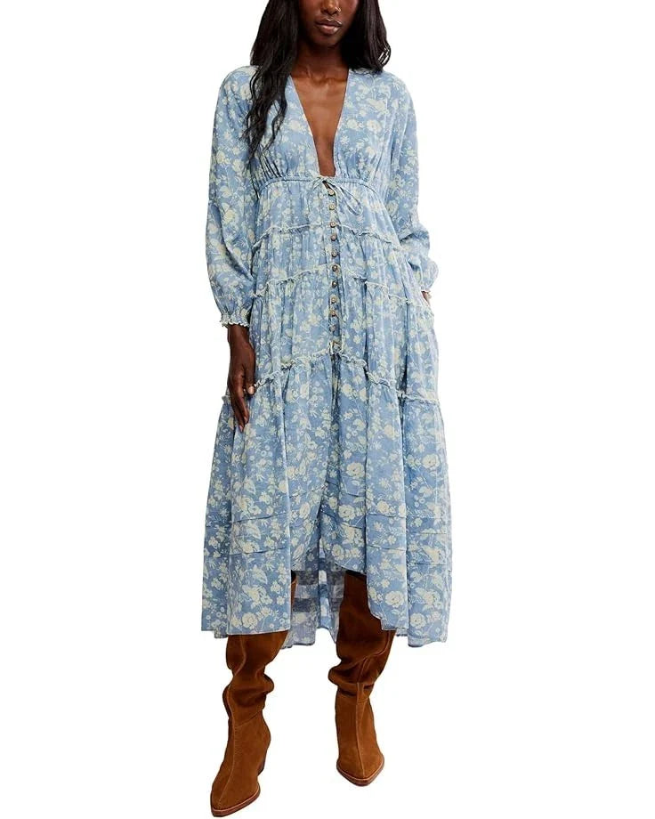 Free People Pappiet MIDI Womens Dress Bluebell Combo, Medium