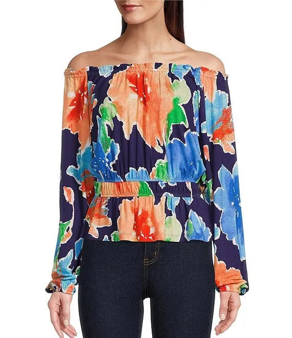 Ralph Lauren Floral Womens Multicolor Ruffle Peplum Off the Shoulder top, size M