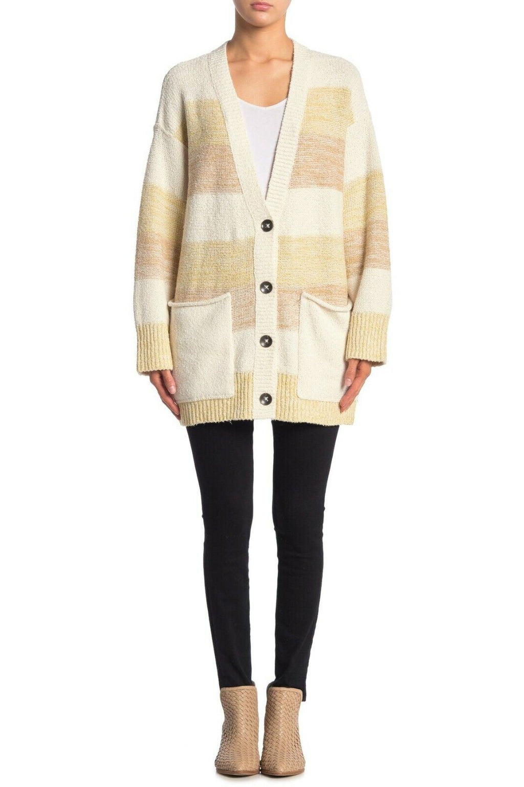 Free People Womens Beige Striped Open Cardigan Sweater, Medium