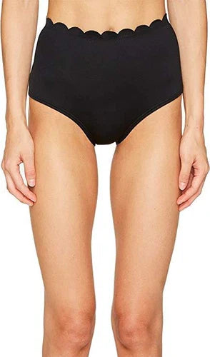 Kate Spade New York Contrast Scalloped High-Waist Bikini Bottom-S/Black