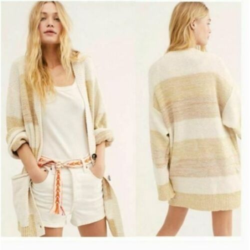 Free People Womens Beige Striped Open Cardigan Sweater, Medium