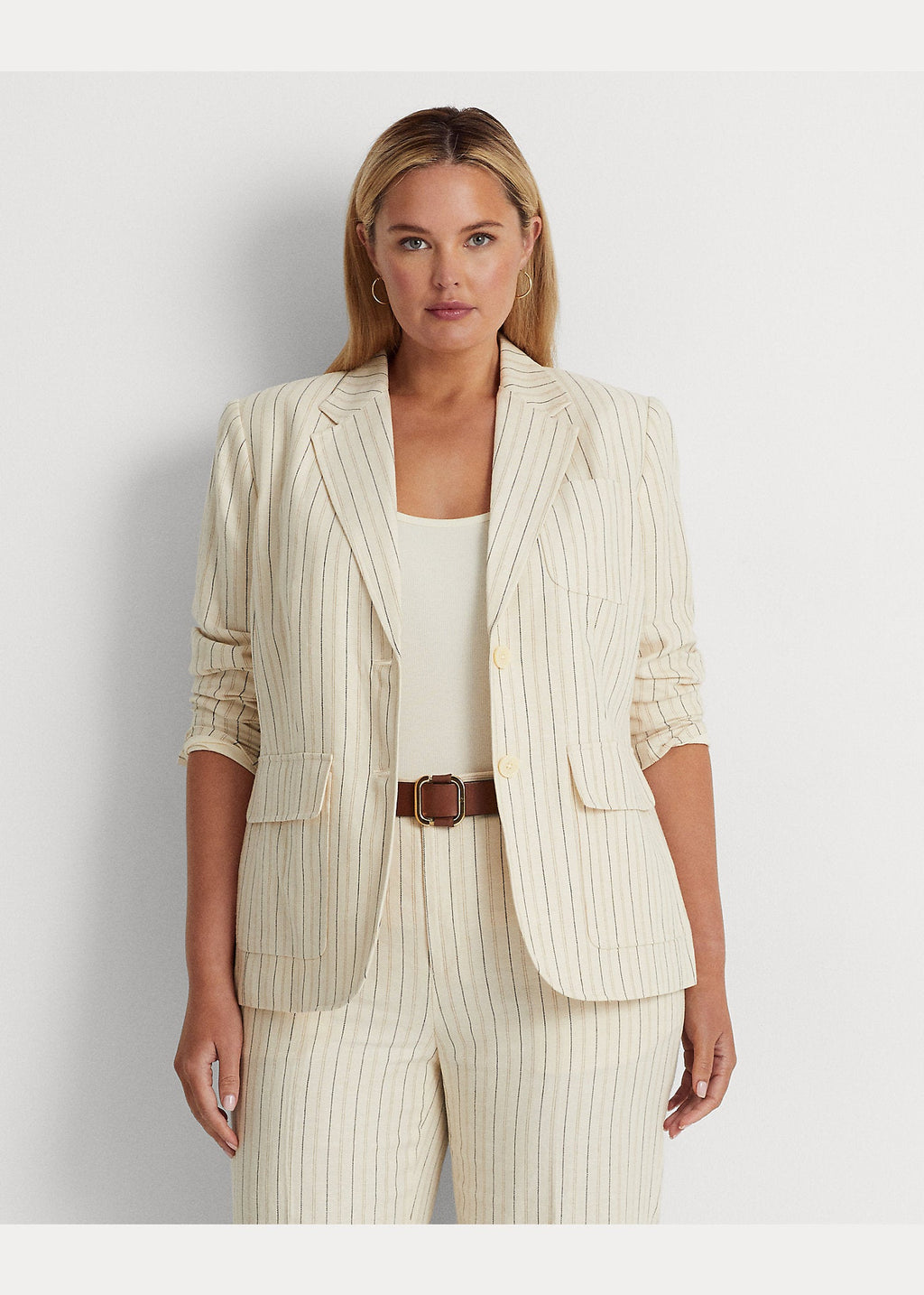 Ralph Lauren Womens Striped Linen-Blend Twill Blazer, Size 18