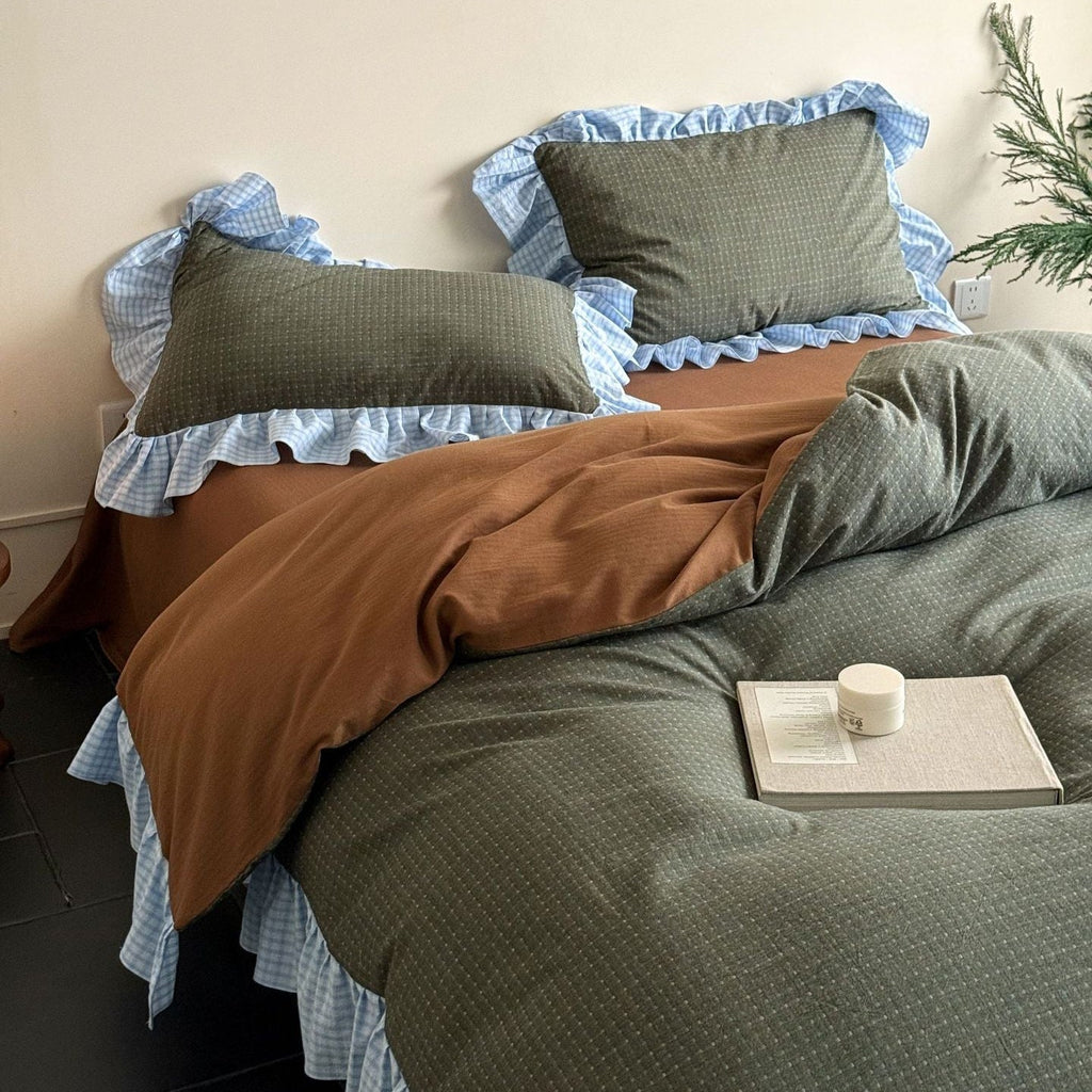 Sadie Gingham Lace Ruffle Bedding Set / Green