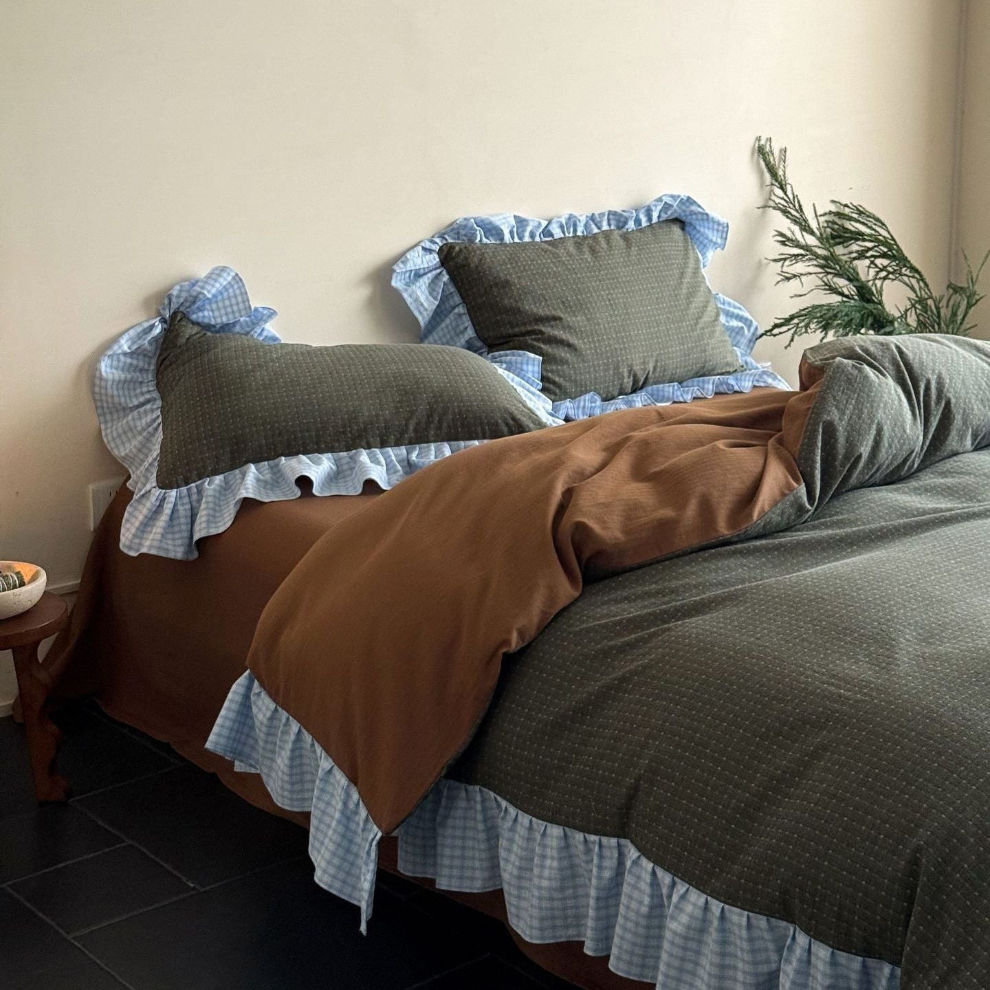 Sadie Gingham Lace Ruffle Bedding Set / Green