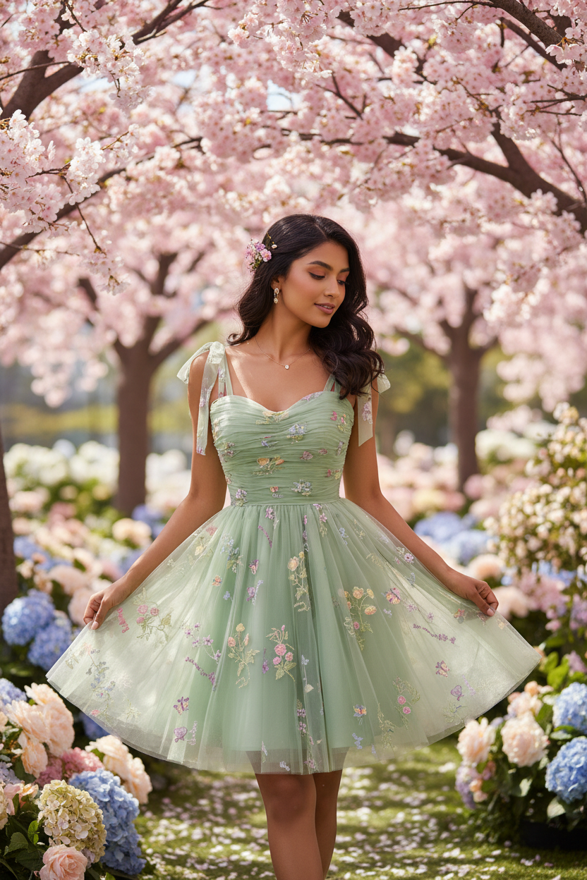 Sage Green Floral Embroidered Tulle Mini Dress