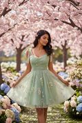 Sage Green Floral Embroidered Tulle Mini Dress
