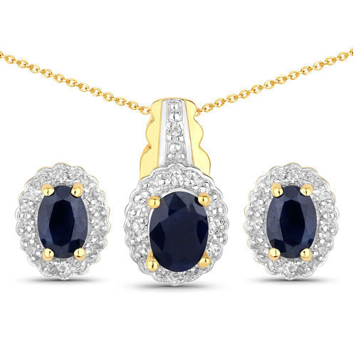 1.96 Carat Genuine Black Blue Sapphire and White Topaz .925 Sterling Silver Jewelry Set