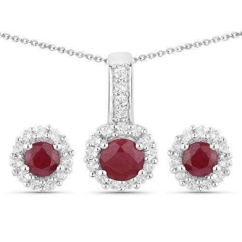 2.17 Carat Genuine Ruby and White Topaz .925 Sterling Silver Jewelry Set