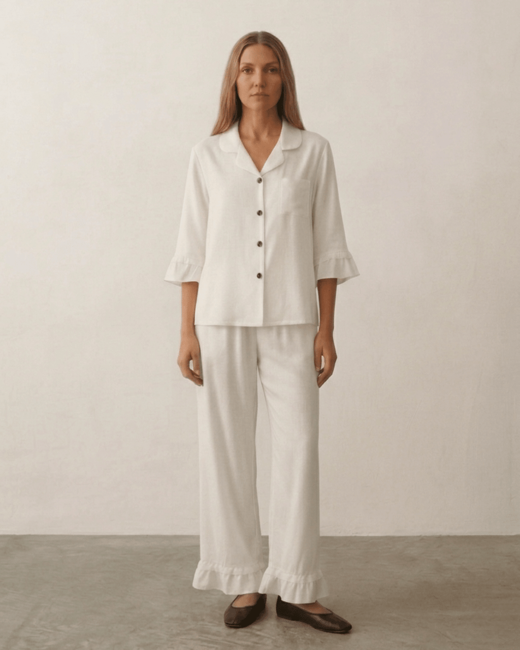 Silky Lace Ruffle Long Sleeves and Pants Pajama Set / White
