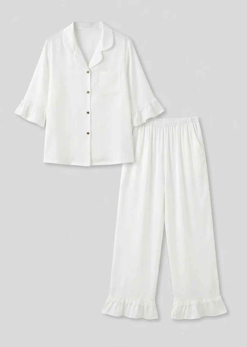 Silky Lace Ruffle Long Sleeves and Pants Pajama Set / White