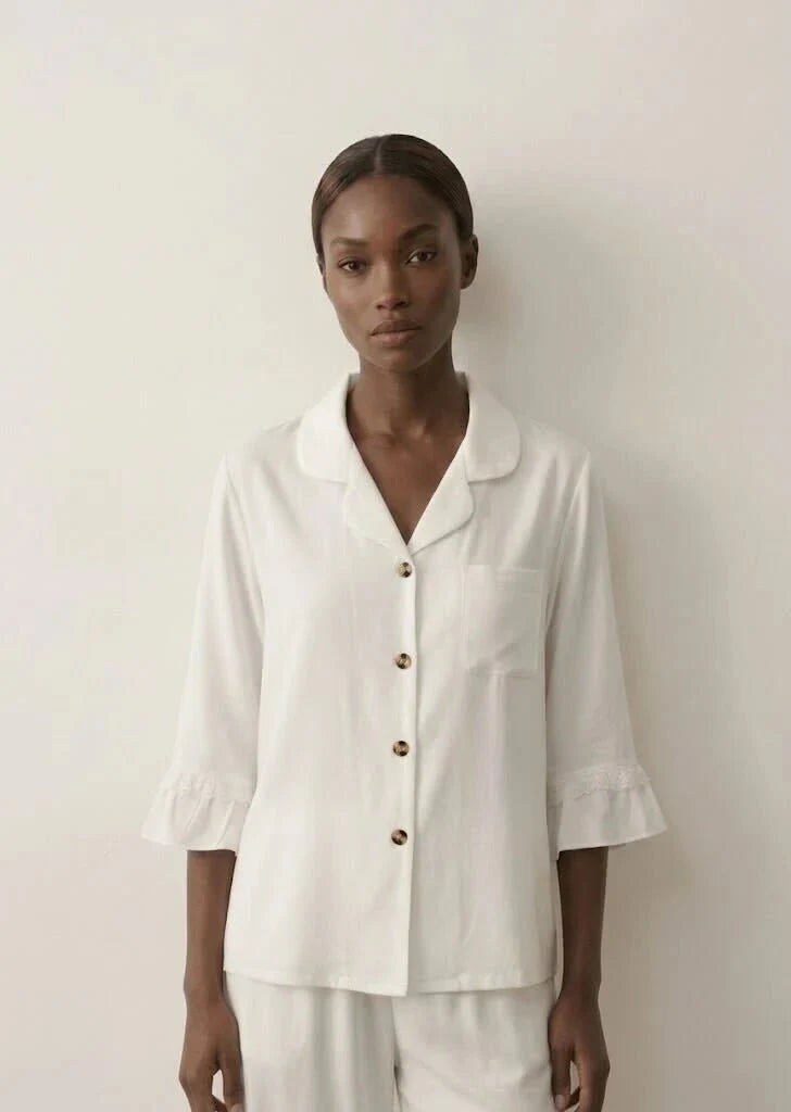 Silky Lace Ruffle Long Sleeves and Pants Pajama Set / White