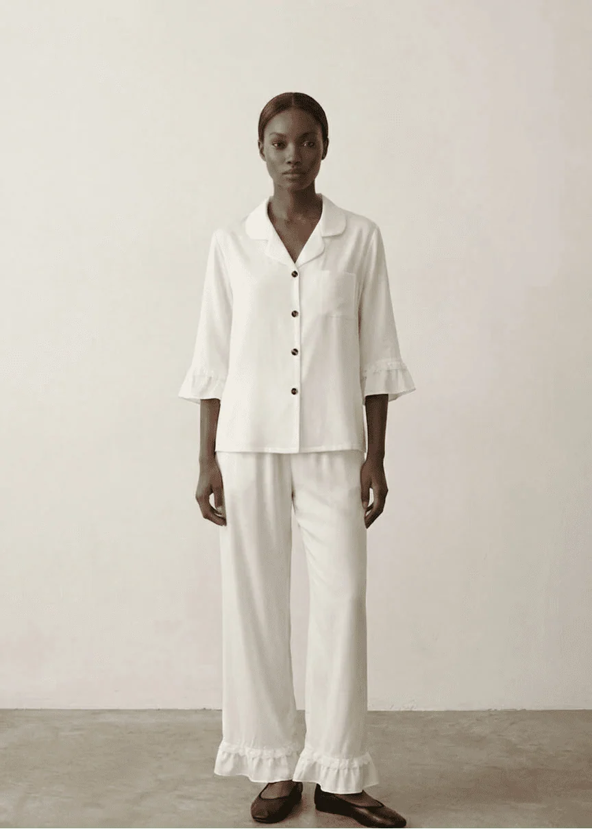 Silky Lace Ruffle Long Sleeves and Pants Pajama Set / White