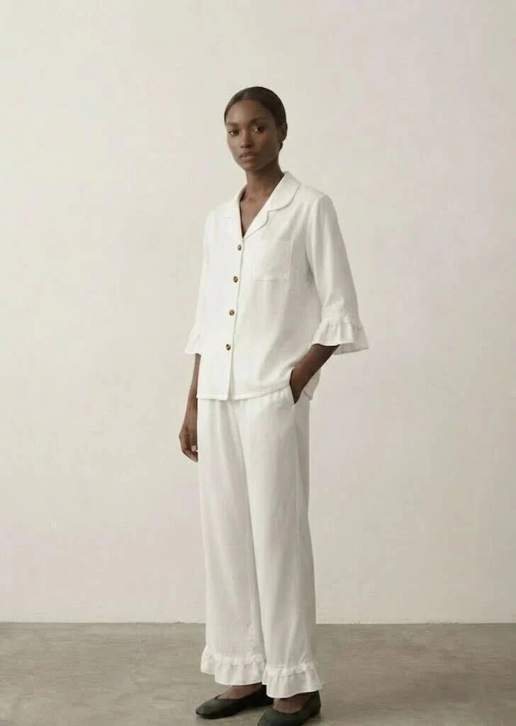 Silky Lace Ruffle Long Sleeves and Pants Pajama Set / White