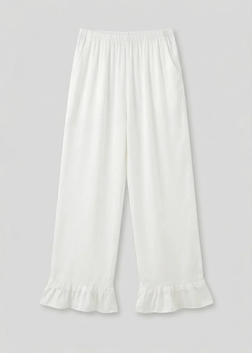 Silky Lace Ruffle Long Sleeves and Pants Pajama Set / White