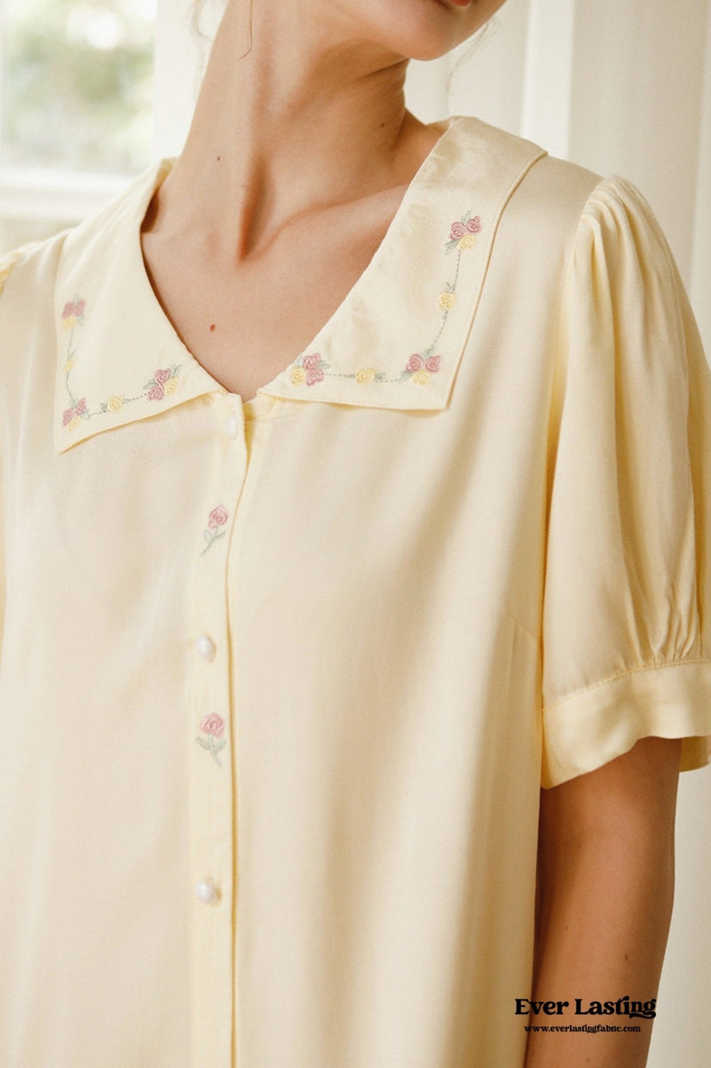 Silky Rose Cream Yellow Embroidered Nightgown Dress