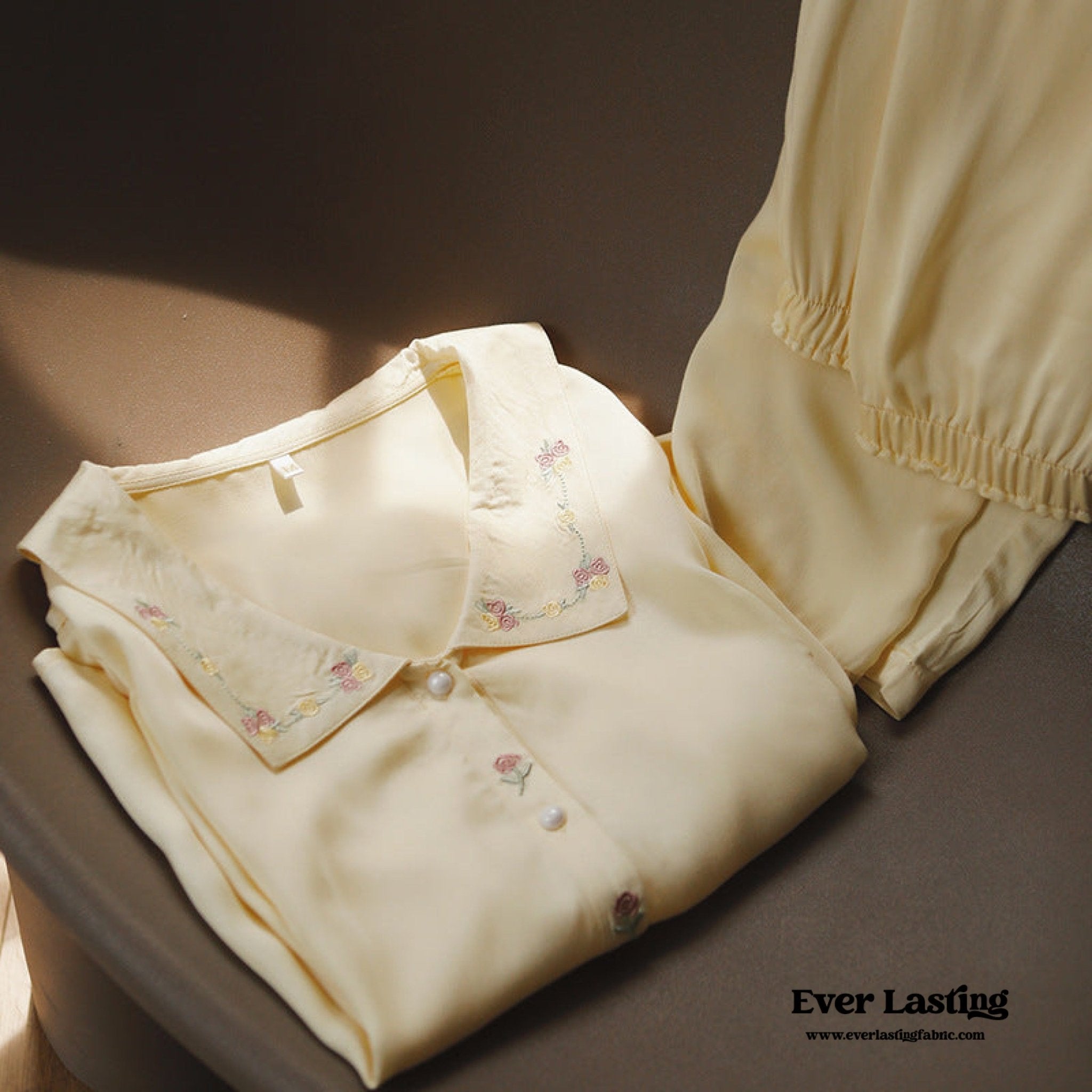 Silky Rose Cream Yellow Embroidered Pajama Set