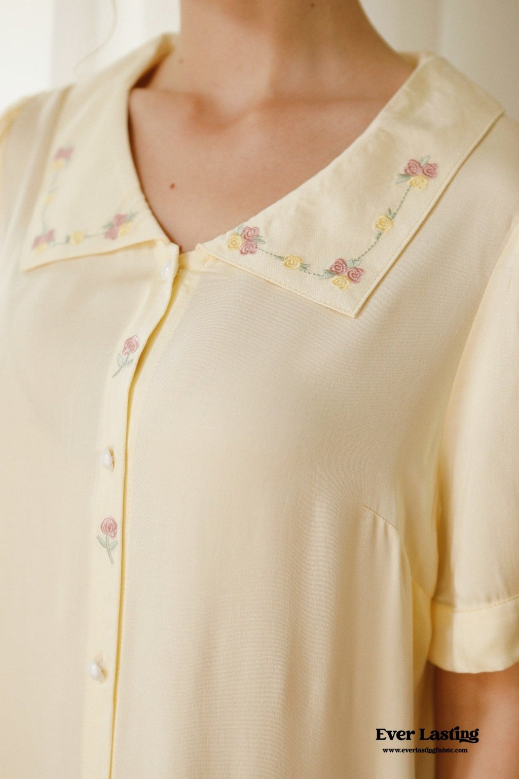 Silky Rose Cream Yellow Embroidered Pajama Set