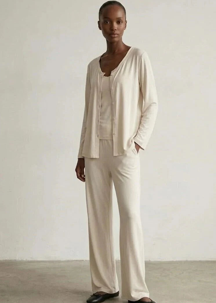 Solid Ruffle V Tank and Long Pants with Cardigan Modal Pajama Set