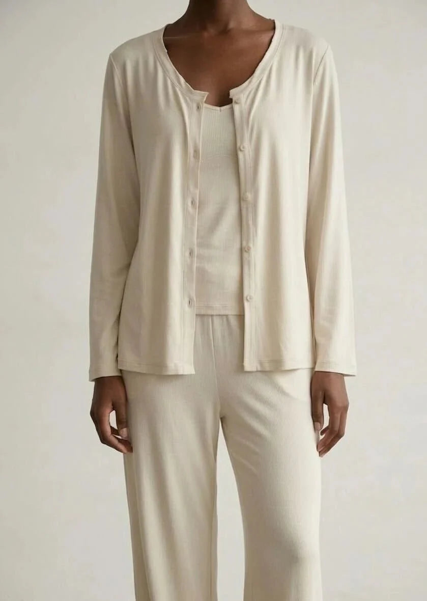 Solid Ruffle V Tank and Long Pants with Cardigan Modal Pajama Set