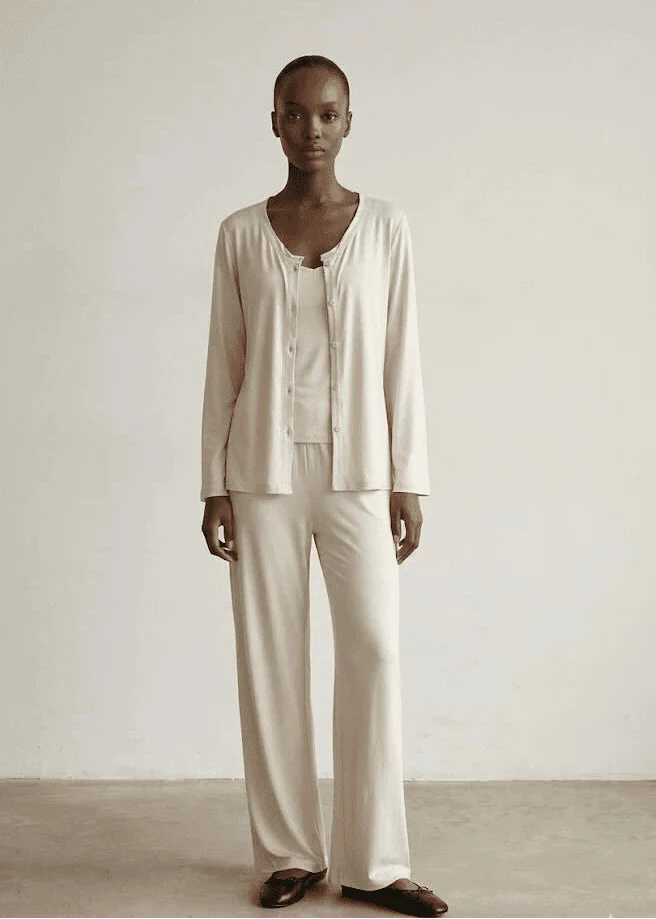 Solid Ruffle V Tank and Long Pants with Cardigan Modal Pajama Set