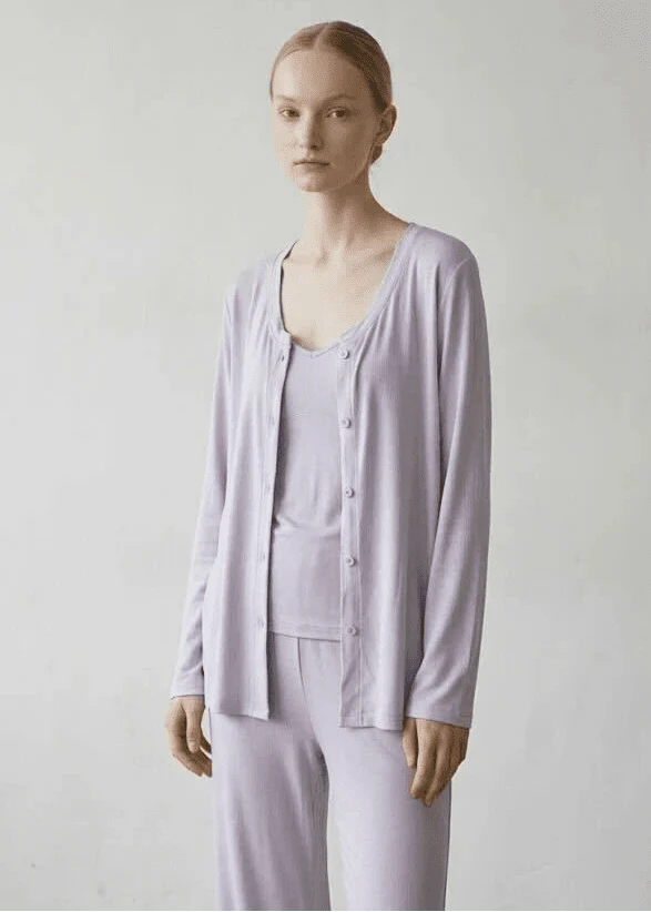 Solid Ruffle V Tank and Long Pants with Cardigan Modal Pajama Set