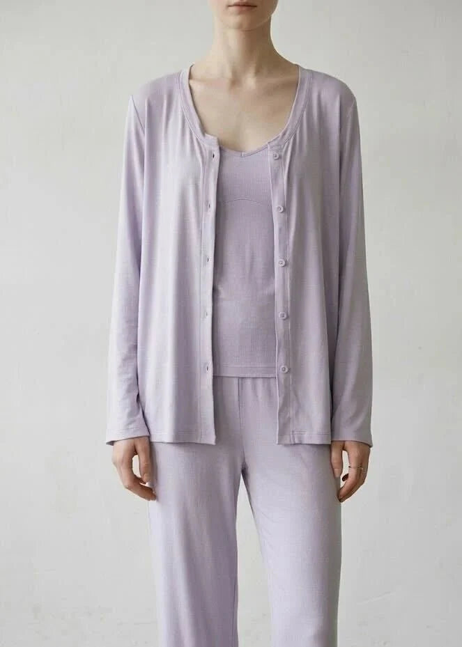 Solid Ruffle V Tank and Long Pants with Cardigan Modal Pajama Set