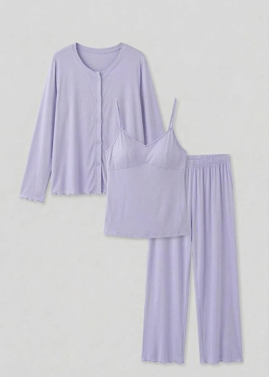 Solid Ruffle V Tank and Long Pants with Cardigan Modal Pajama Set
