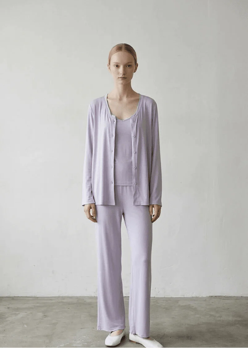 Solid Ruffle V Tank and Long Pants with Cardigan Modal Pajama Set