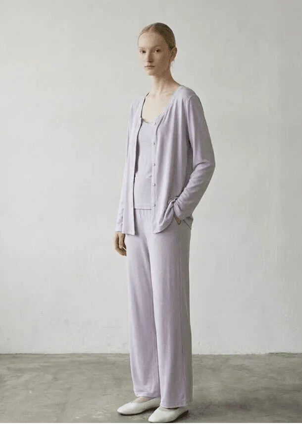 Solid Ruffle V Tank and Long Pants with Cardigan Modal Pajama Set