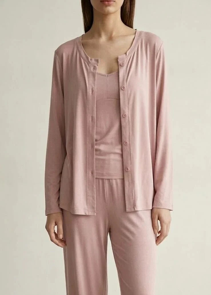 Solid Ruffle V Tank and Long Pants with Cardigan Modal Pajama Set