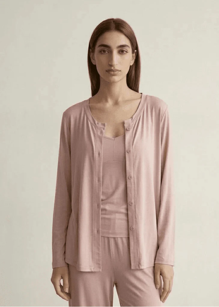 Solid Ruffle V Tank and Long Pants with Cardigan Modal Pajama Set