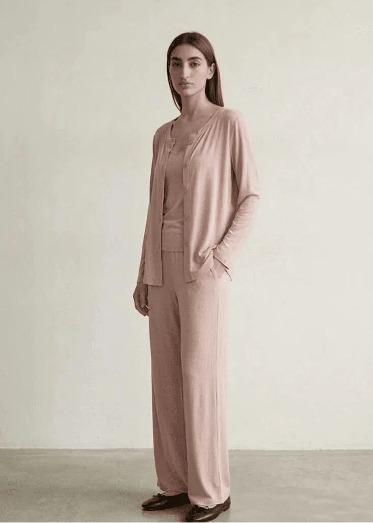 Solid Ruffle V Tank and Long Pants with Cardigan Modal Pajama Set