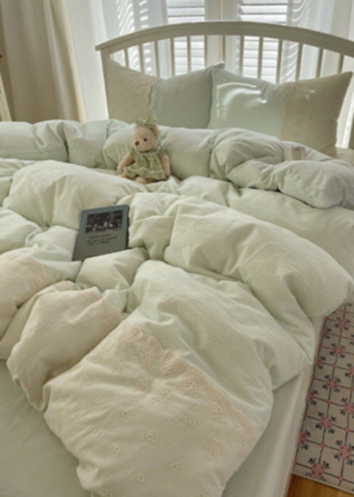 Sophia Gingham Lace Washed Cotton Bedding Set / Ocean Blue