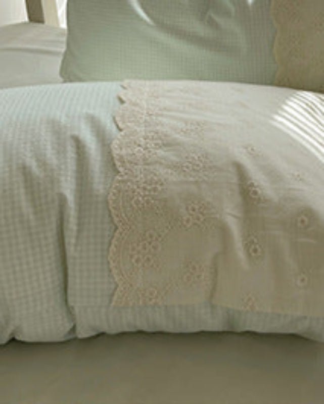 Sophia Gingham Lace Washed Cotton Bedding Set / Ocean Blue