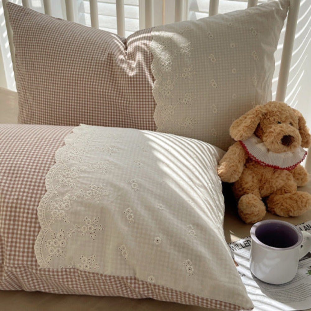Sophia Gingham Lace Washed Cotton Bedding Set / Ocean Blue