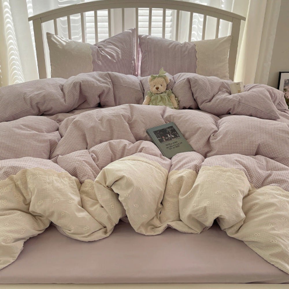 Sophia Gingham Lace Washed Cotton Bedding Set / Ocean Blue