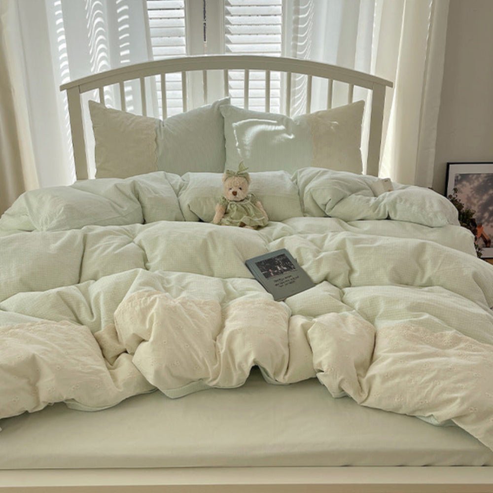 Sophia Gingham Lace Washed Cotton Bedding Set / Ocean Blue