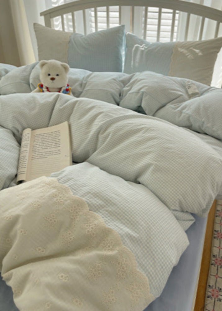 Sophia Gingham Lace Washed Cotton Bedding Set / Ocean Blue