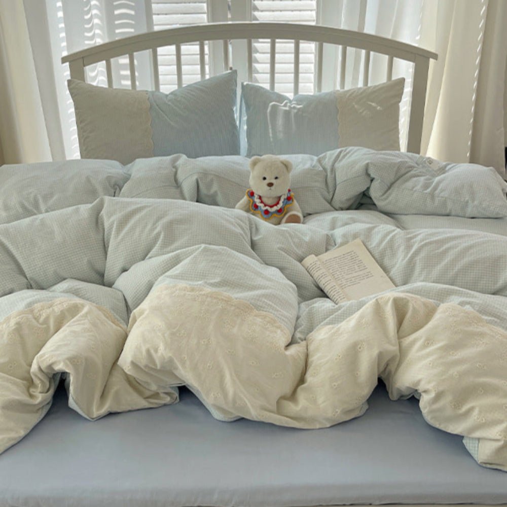 Sophia Gingham Lace Washed Cotton Bedding Set / Ocean Blue