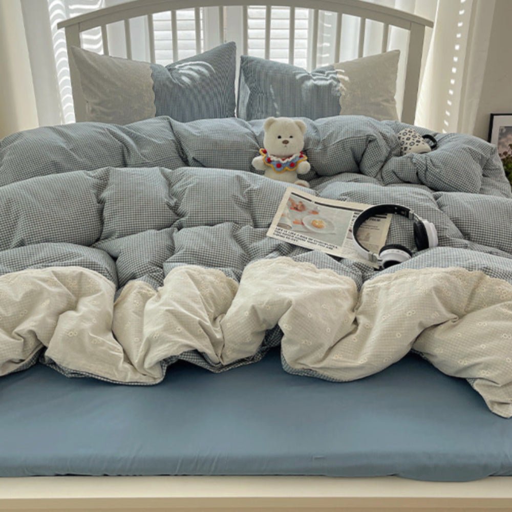 Sophia Gingham Lace Washed Cotton Bedding Set / Ocean Blue