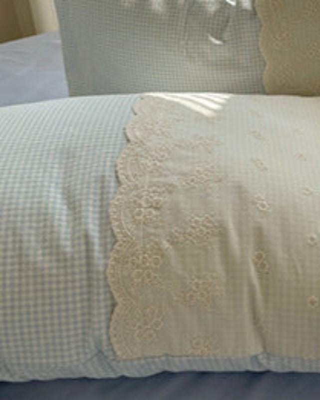 Sophia Gingham Lace Washed Cotton Bedding Set / Ocean Blue