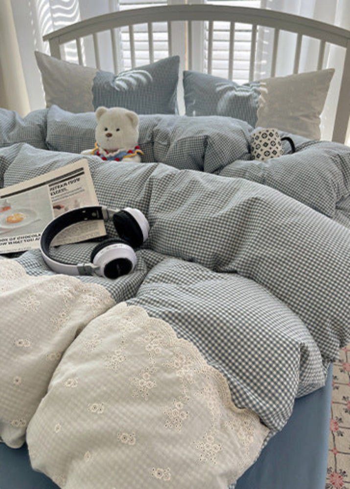 Sophia Gingham Lace Washed Cotton Bedding Set / Ocean Blue