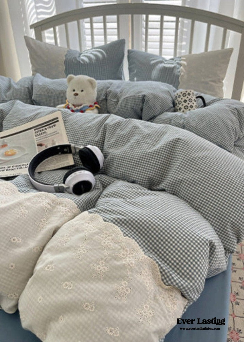 Sophia Gingham Lace Washed Cotton Bedding Set / Blue