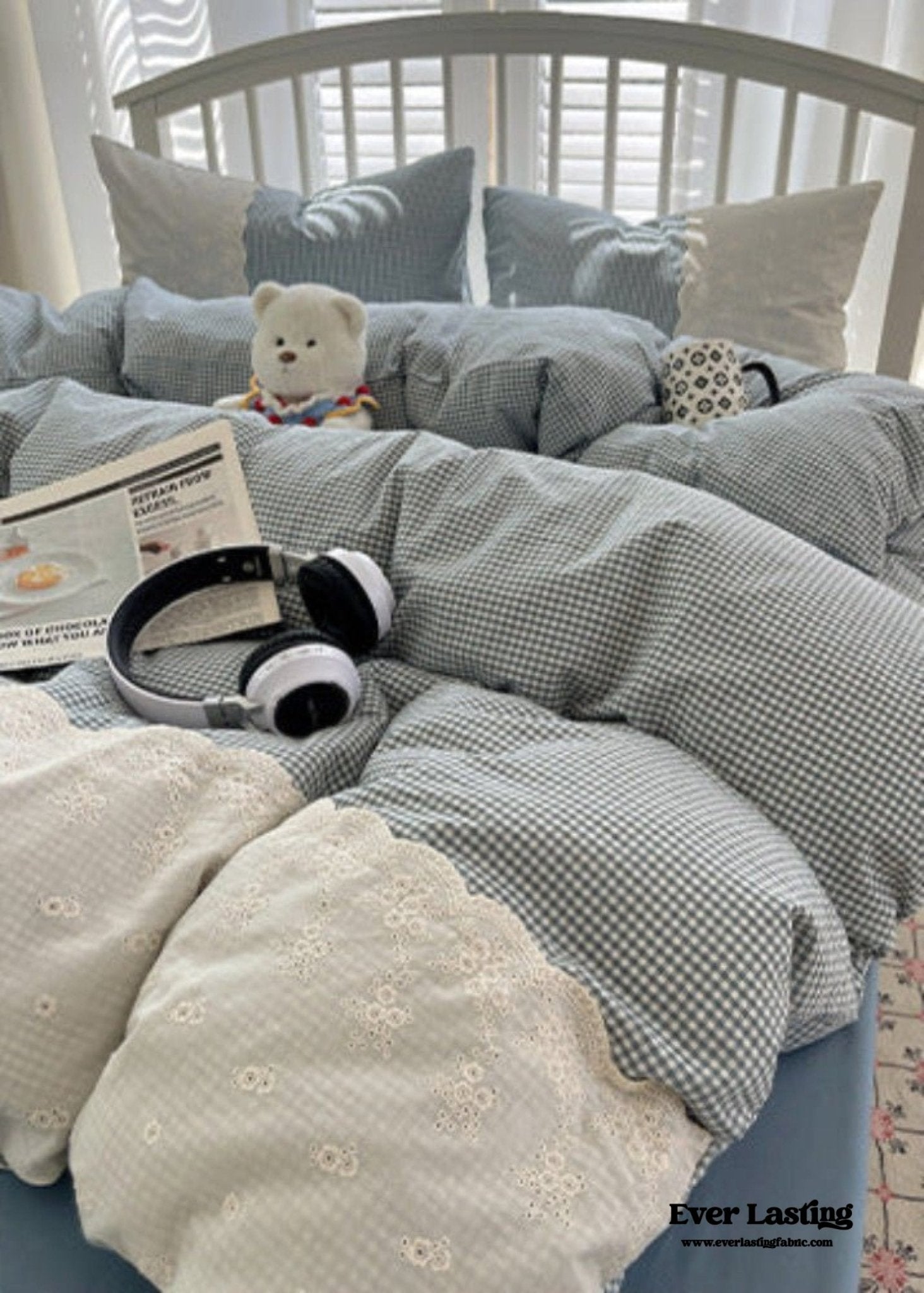 Sophia Gingham Lace Washed Cotton Bedding Set / Blue