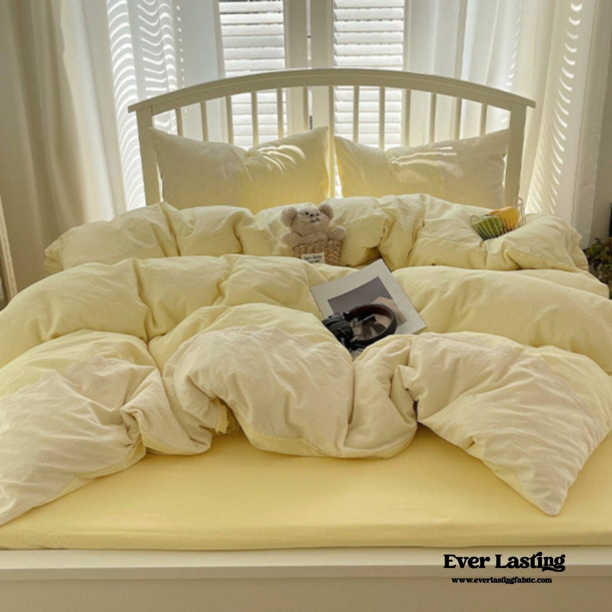Sophia Gingham Lace Washed Cotton Bedding Set / Blue