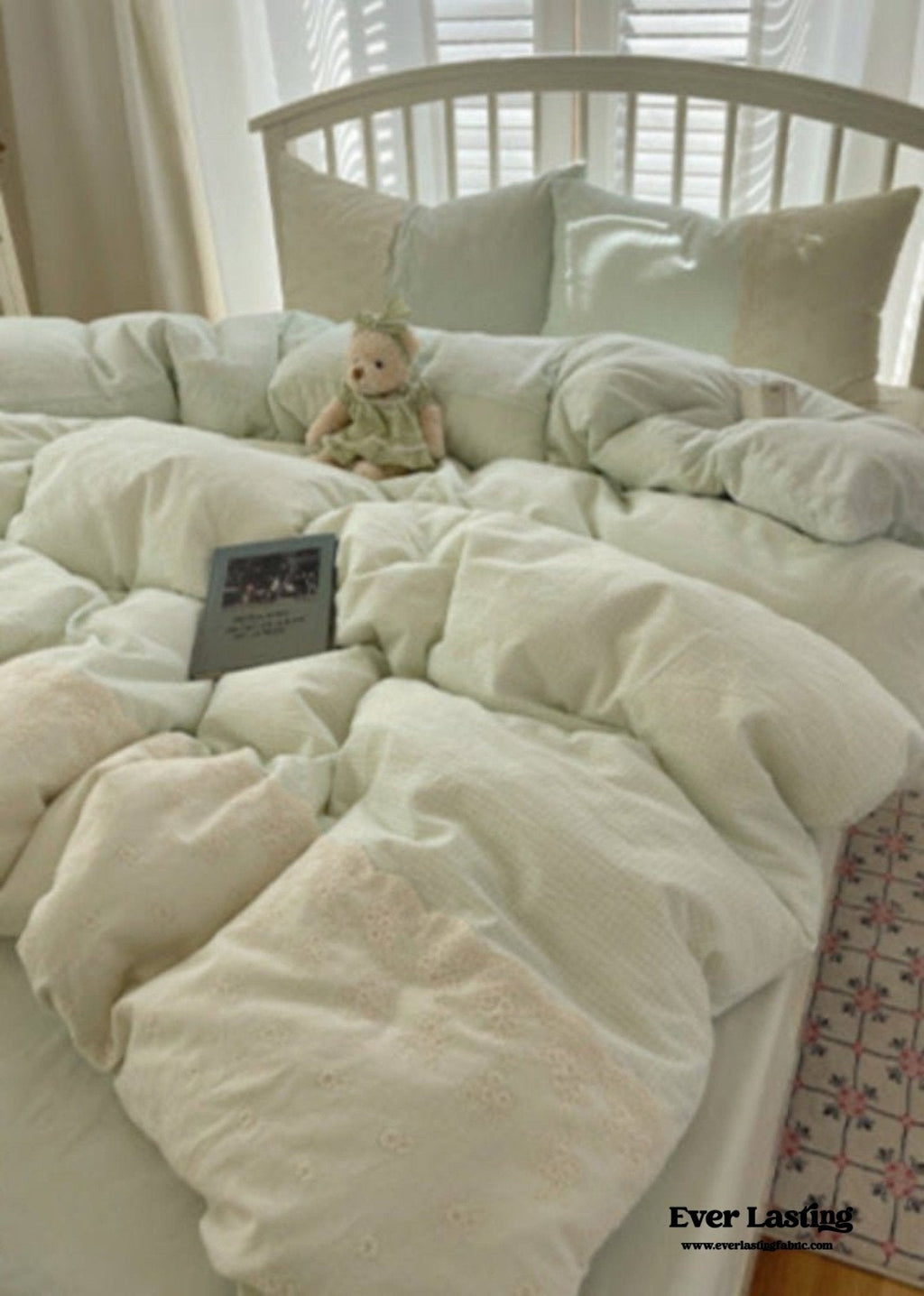 Sophia Gingham Lace Washed Cotton Bedding Set / Blue