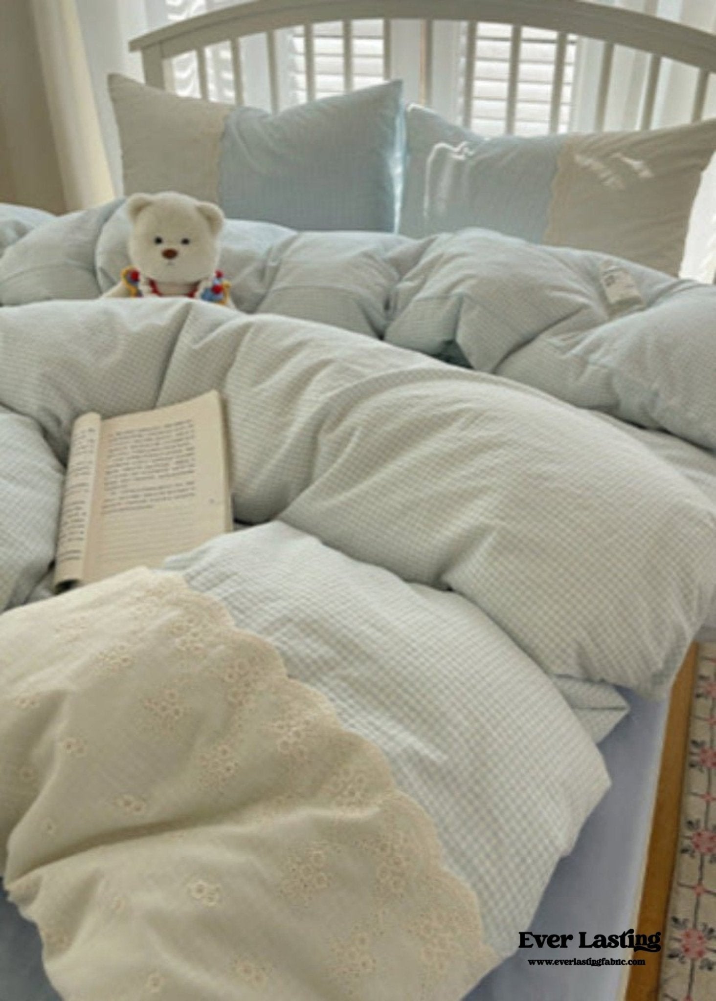 Sophia Gingham Lace Washed Cotton Bedding Set / Blue