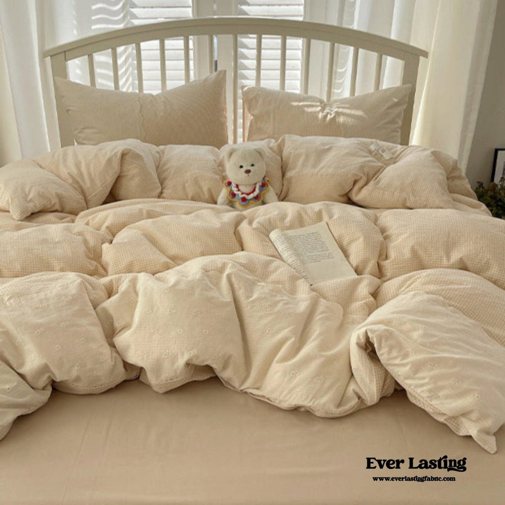 Sophia Gingham Lace Washed Cotton Bedding Set / Blue