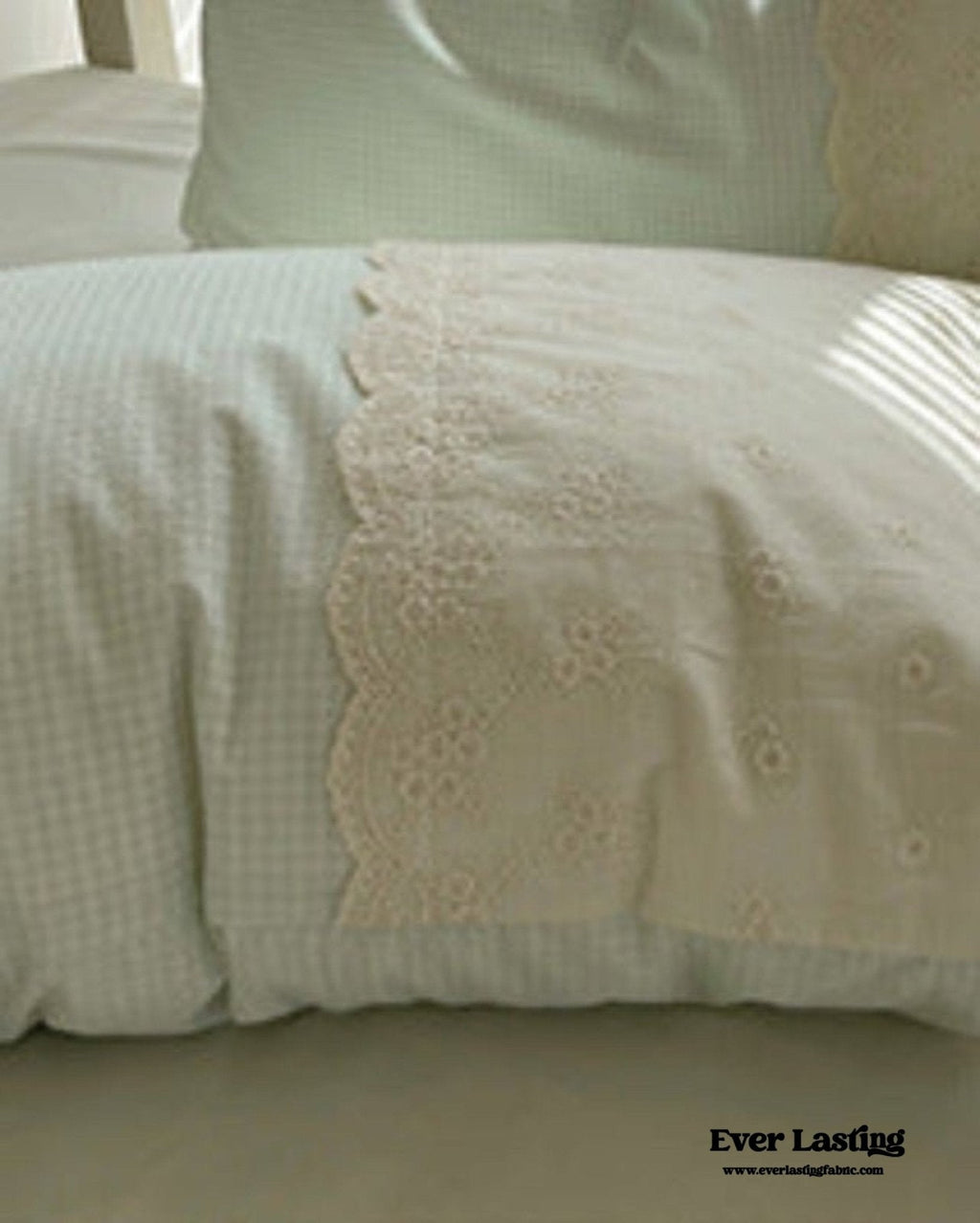 Sophia Gingham Lace Washed Cotton Bedding Set / Blue