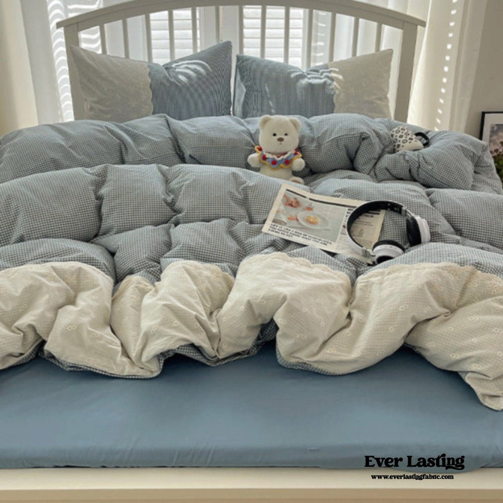 Sophia Gingham Lace Washed Cotton Bedding Set / Blue